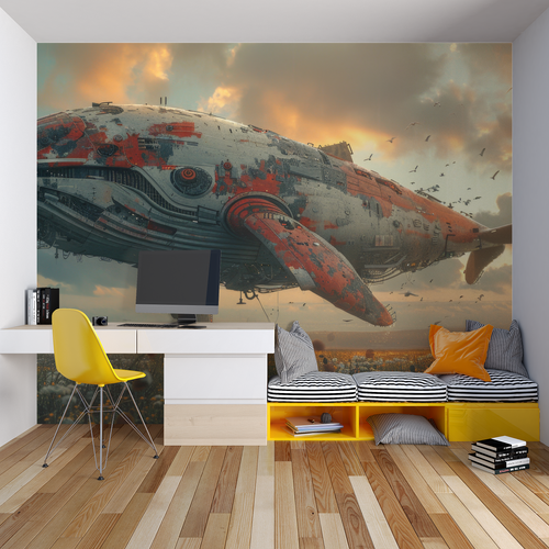 Aviation themed wall mural in child's bedroom with mountain scenery