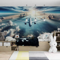 Airplane wallpaper mural creating depth in a modern kids bedroom, with sunlight streaming through the window
