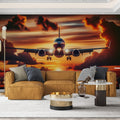 Airplane wallpaper mural in modern bedroom, showing commercial aircraft against warm sunset sky
