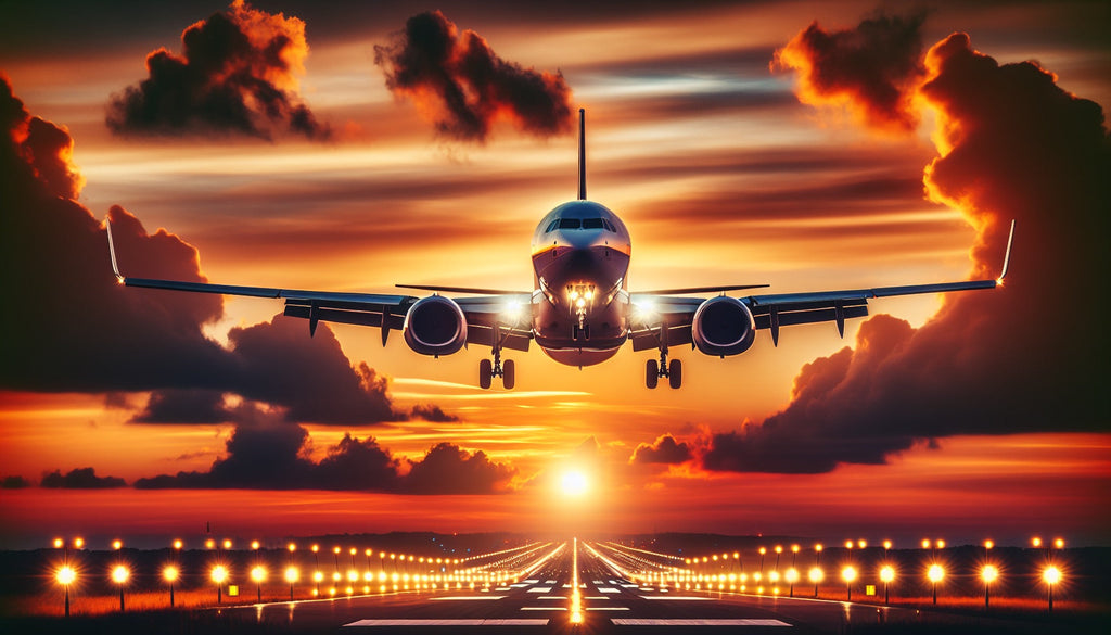 Aviation wall mural design file showing detailed aircraft landing at sunset