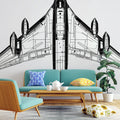 Aviation blueprint wallpaper creating a modern atmosphere in a minimalist home office with clean desk setup
