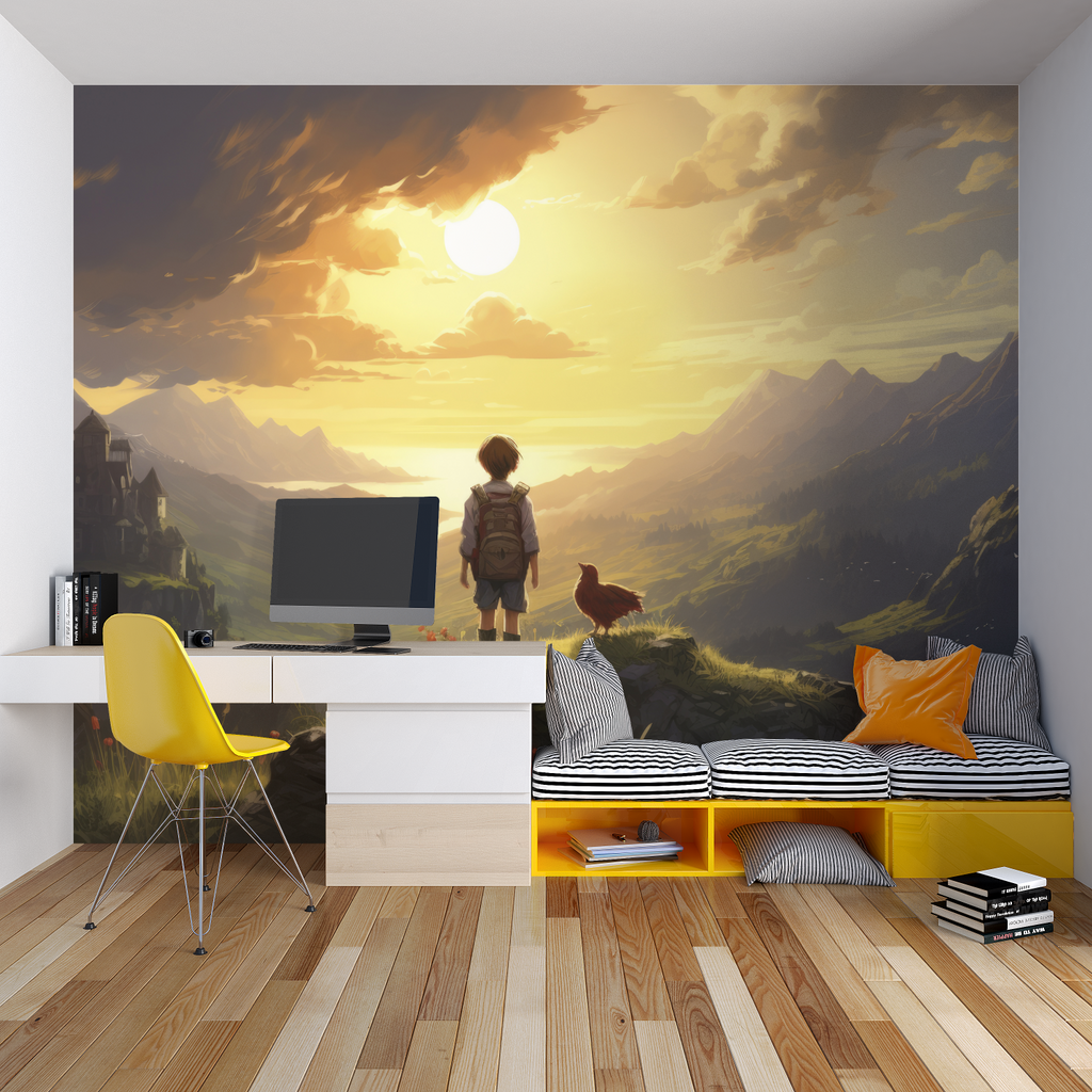 Vintage airplane wallpaper in modern living room, featuring classic biplanes against mountain sunset