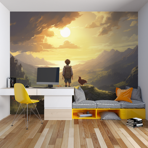 Vintage airplane wallpaper in modern living room, featuring classic biplanes against mountain sunset