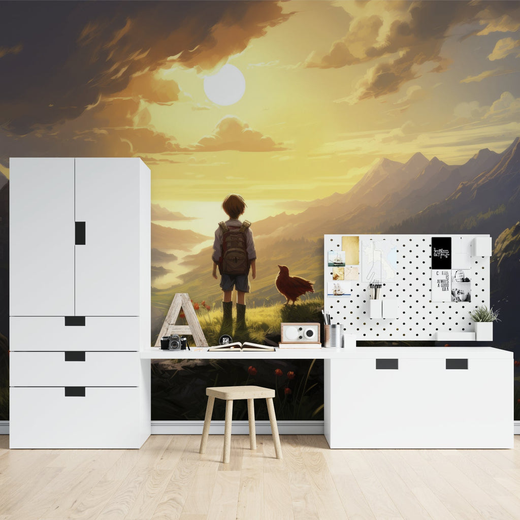 Aviation wall mural bringing adventure to child's bedroom with mountain backdrop