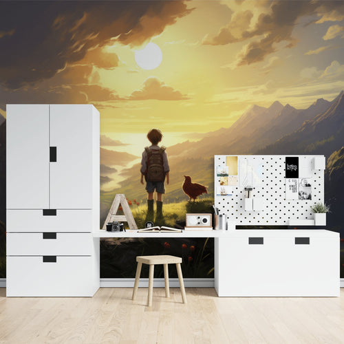 Aviation wall mural bringing adventure to child's bedroom with mountain backdrop