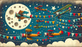 Vintage airplane wallpaper creating a magical atmosphere in a cozy nursery with soft night lighting