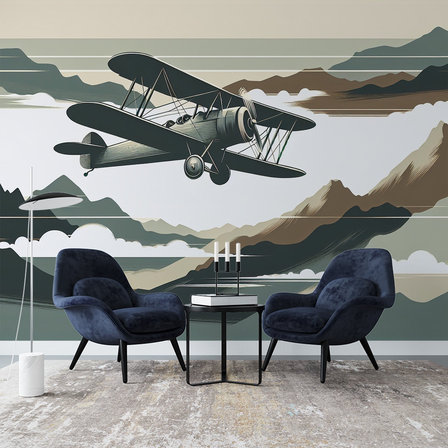 Vintage airplane wallpaper creating a focal point in a modern home office with mountain views and biplane detail