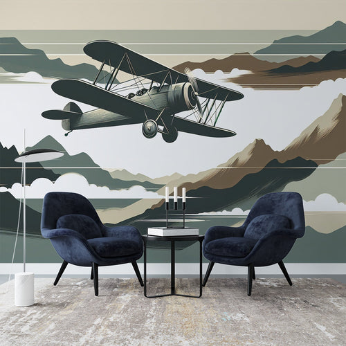 Vintage airplane wallpaper creating a focal point in a modern home office with mountain views and biplane detail