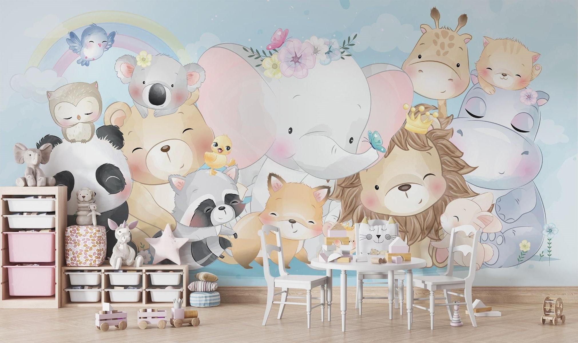 Safari Animal Wallpaper creating a cozy atmosphere in a modern nursery with white furniture