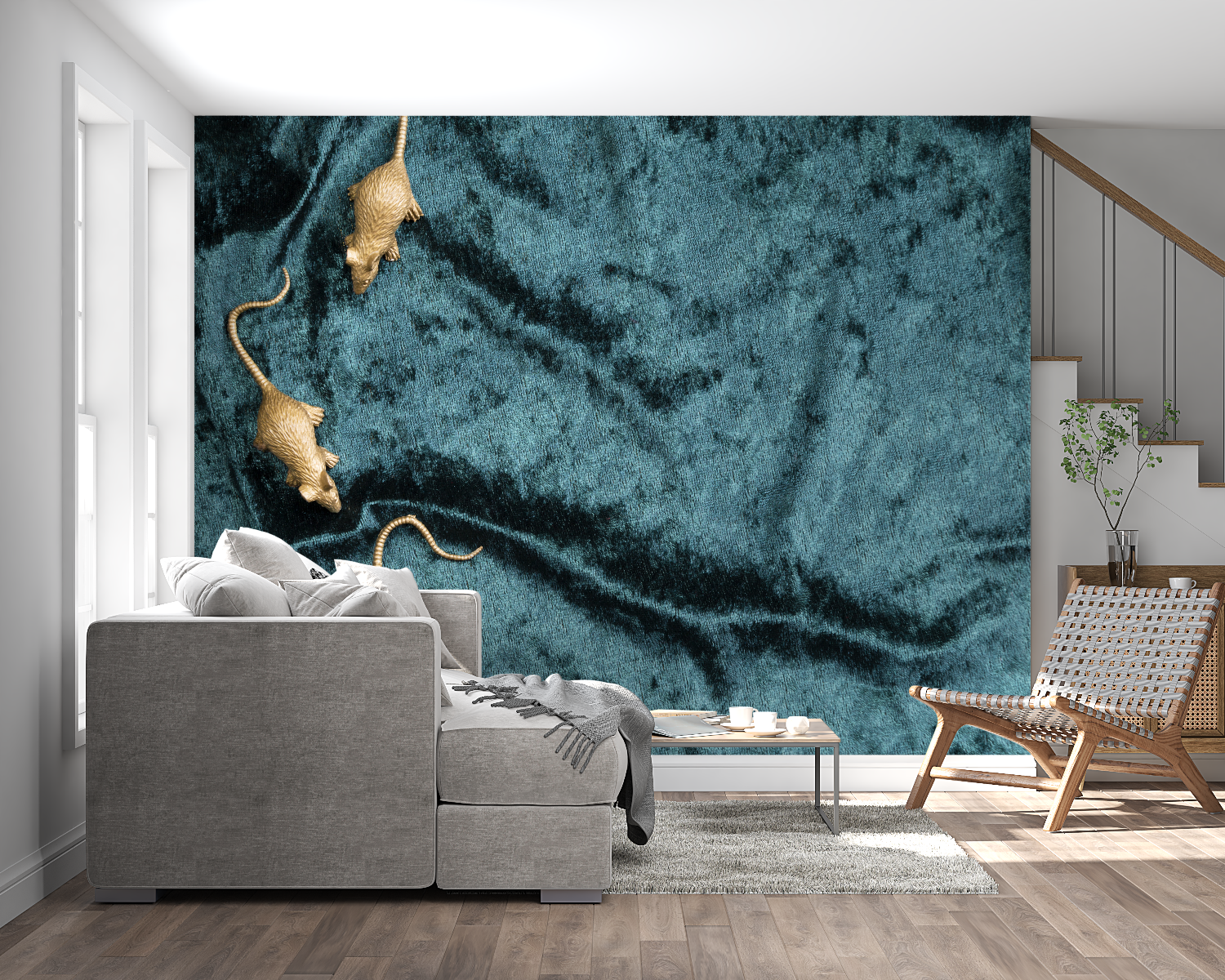Modern animal mural featuring mice in home office, showing scale and movement