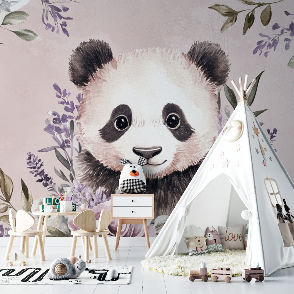 Watercolor Panda Wallpaper in toddler bedroom showing full wall application