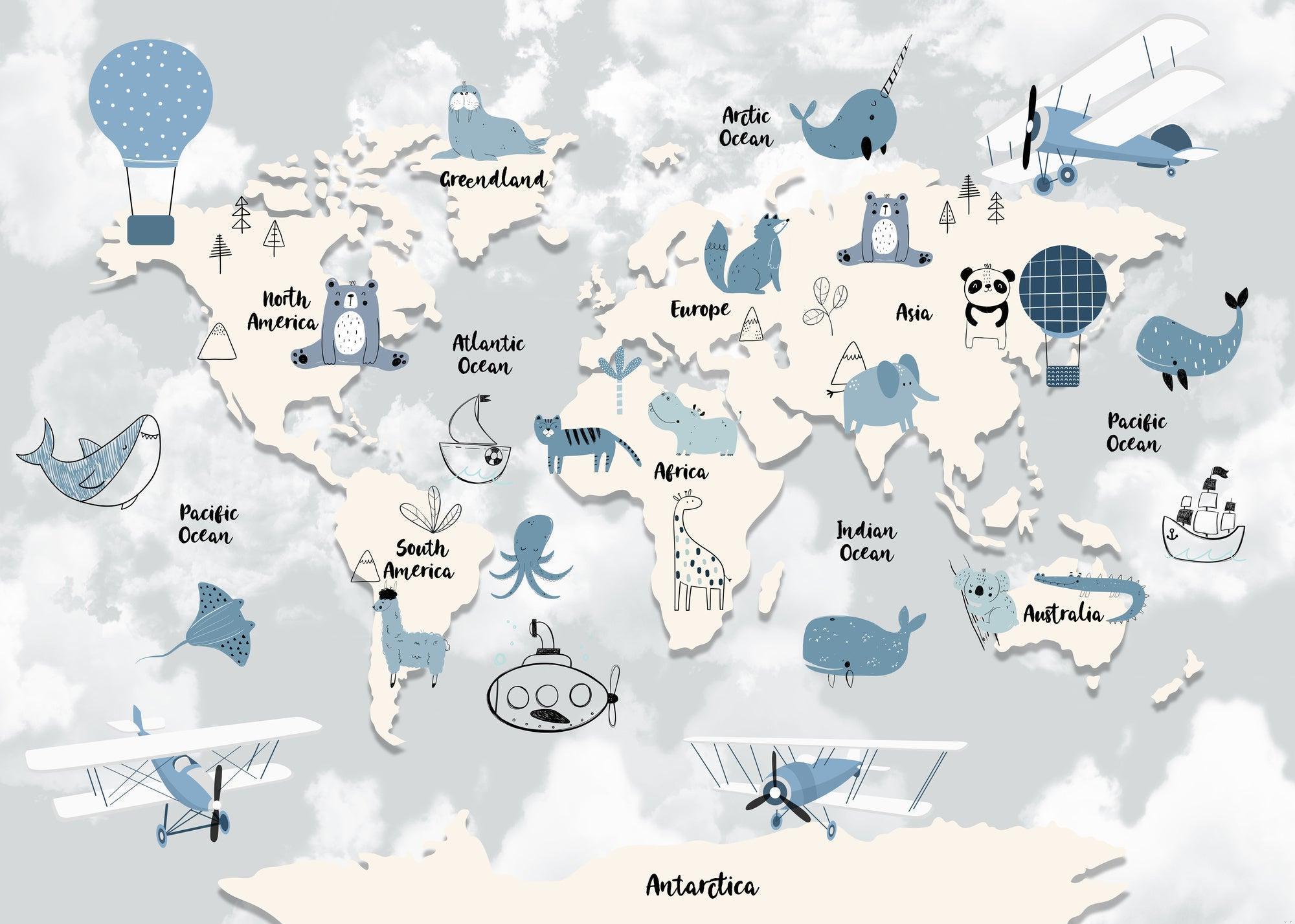 World Map Mural Wallpaper | Kids Adventure With Animals and Hot Air Balloons