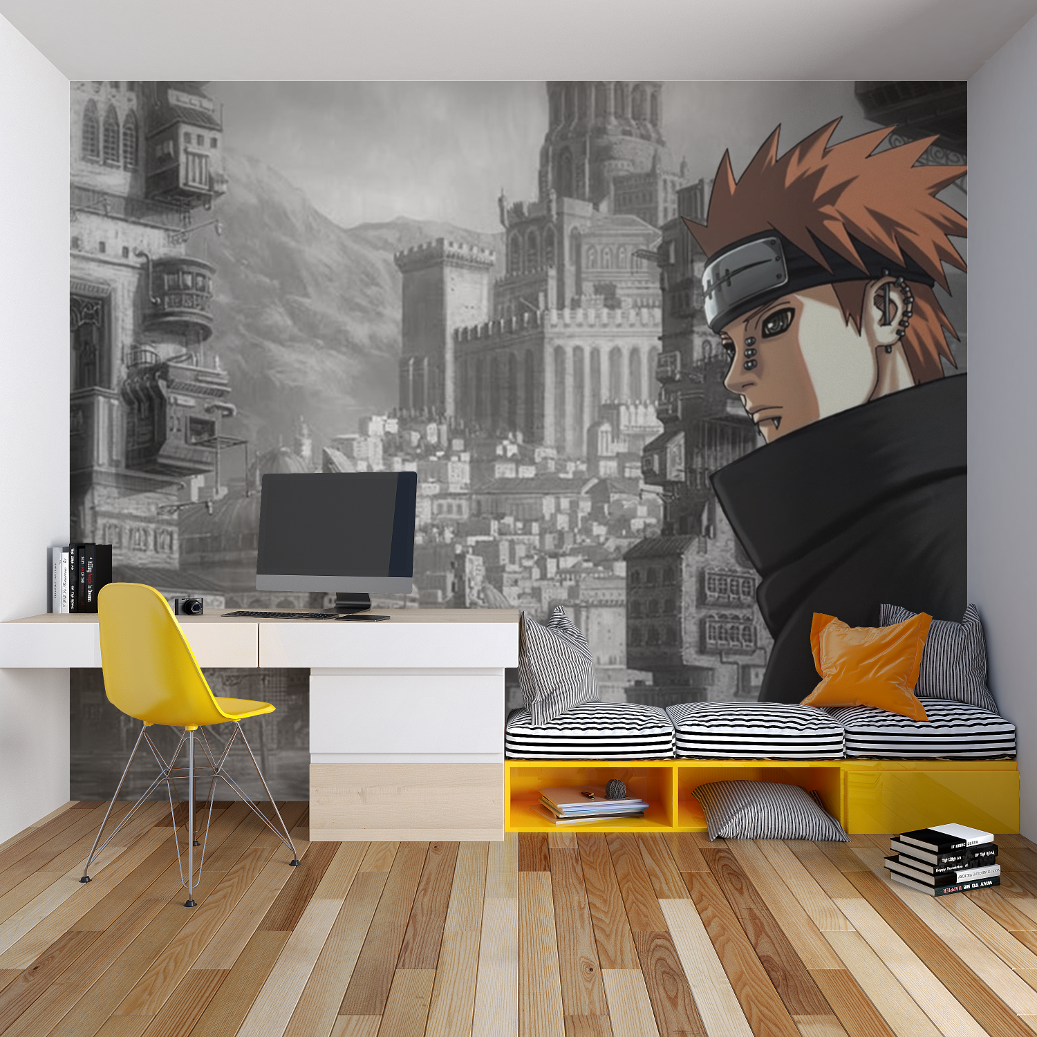 Japanese anime castle mural in living room with monochrome design