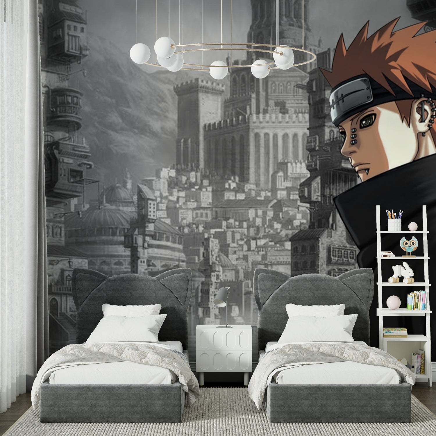 Black and grey anime wallpaper installed in modern bedroom showing full wall impact