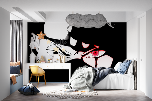 Anime eyes wallpaper mural creating drama in a modern gaming room with black and red accents