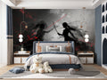 Anime battle wallpaper creating dramatic impact in modern gaming room with red and black design