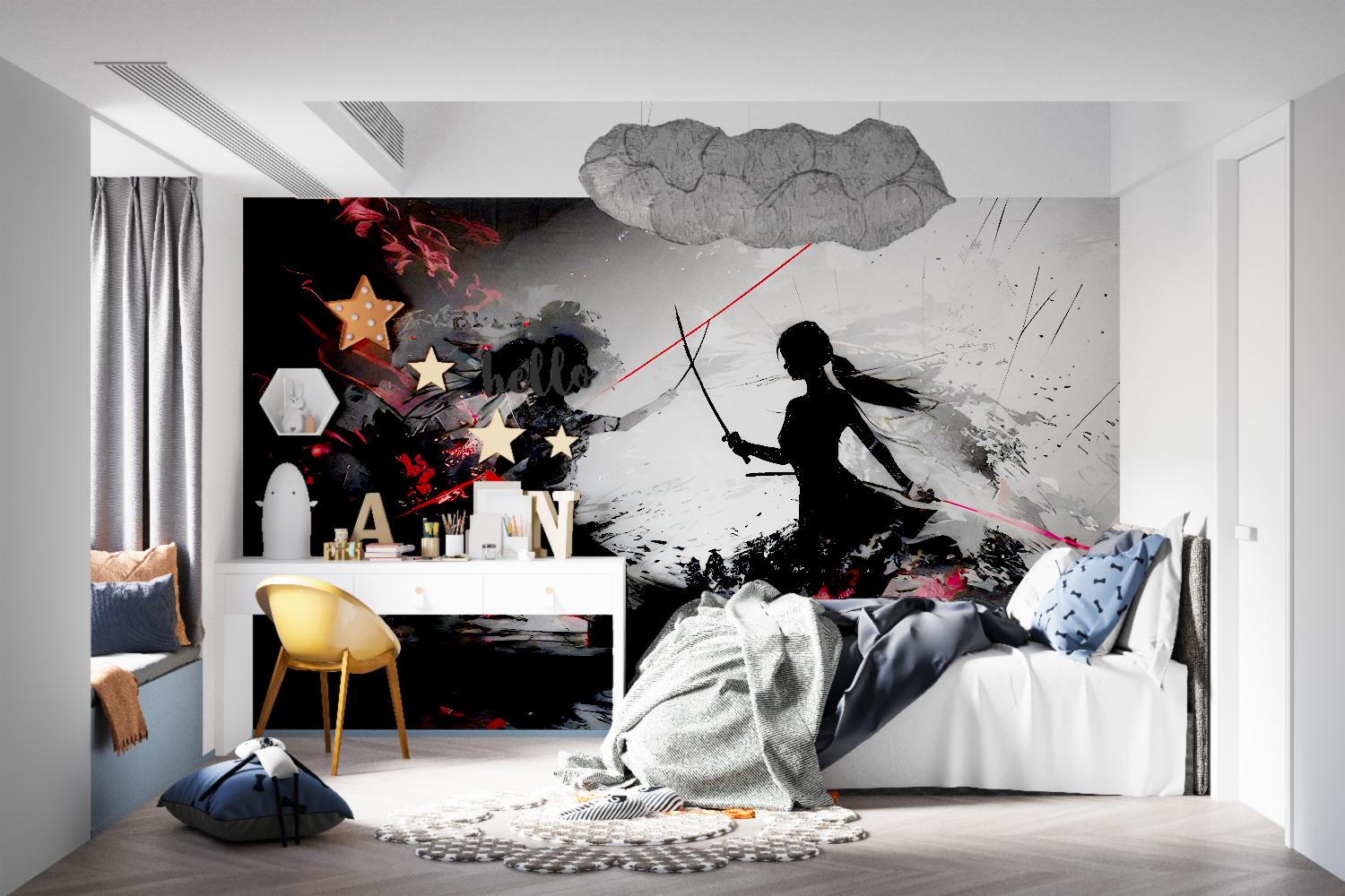 Japanese anime wallpaper displayed in contemporary living room with dynamic silhouettes