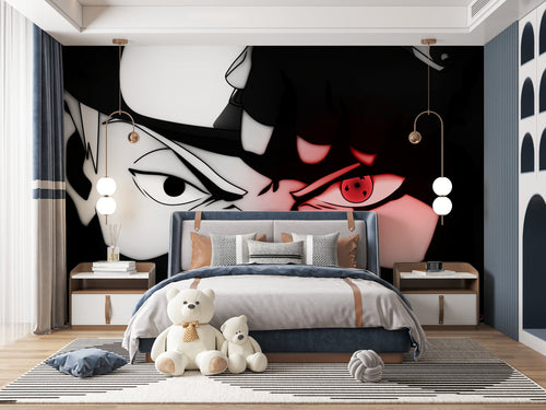 Anime eyes wallpaper creating dramatic atmosphere in modern teen bedroom with gaming setup