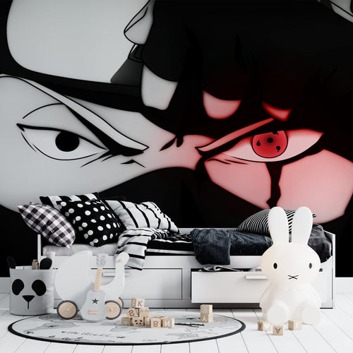 Black and red anime wall mural making bold statement in minimalist living room