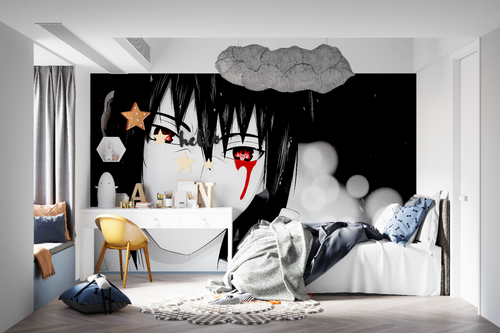 Striking anime wall mural enhancing minimalist living room space