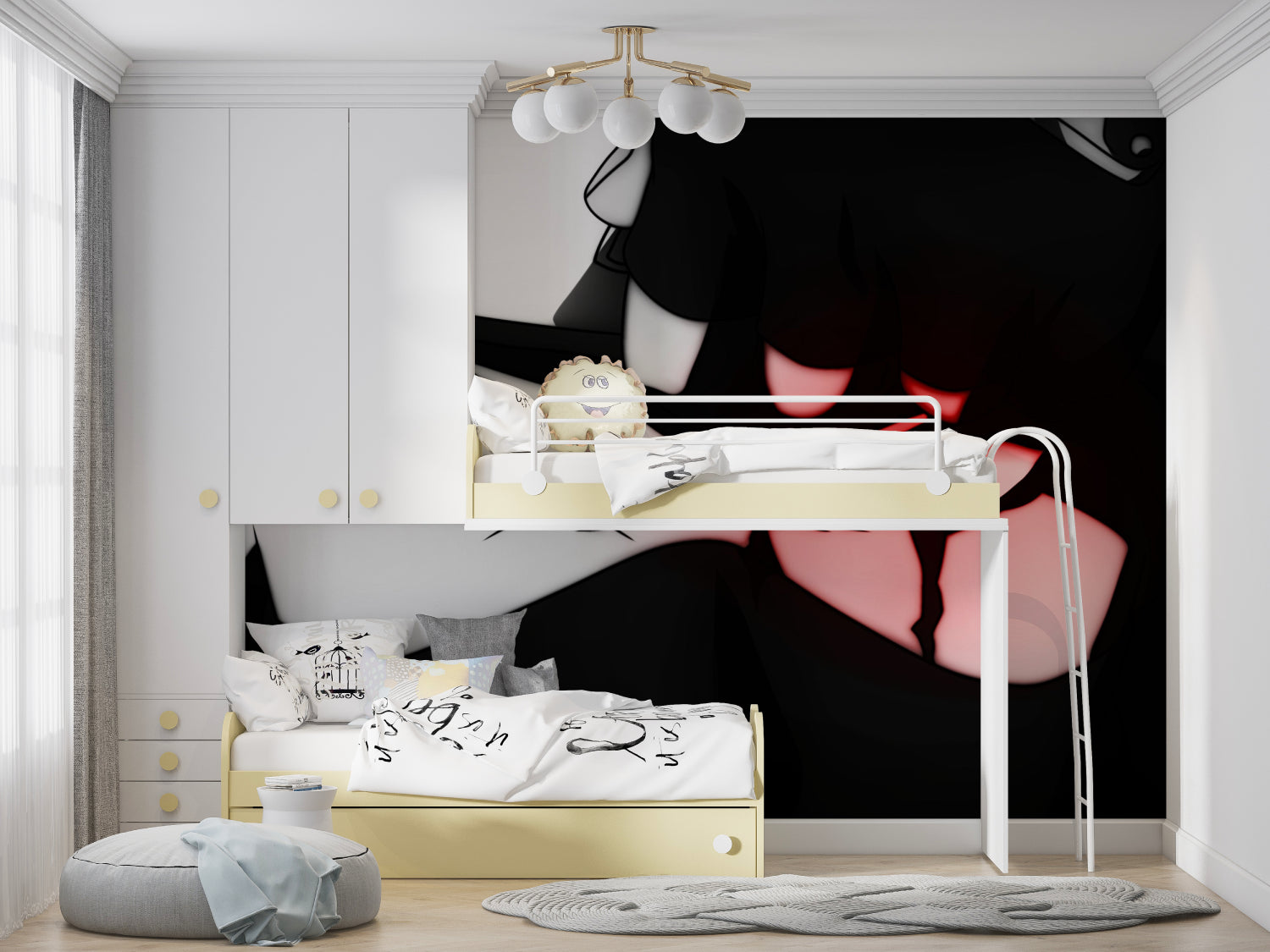 Red eyes anime wallpaper adding character to urban style gaming room