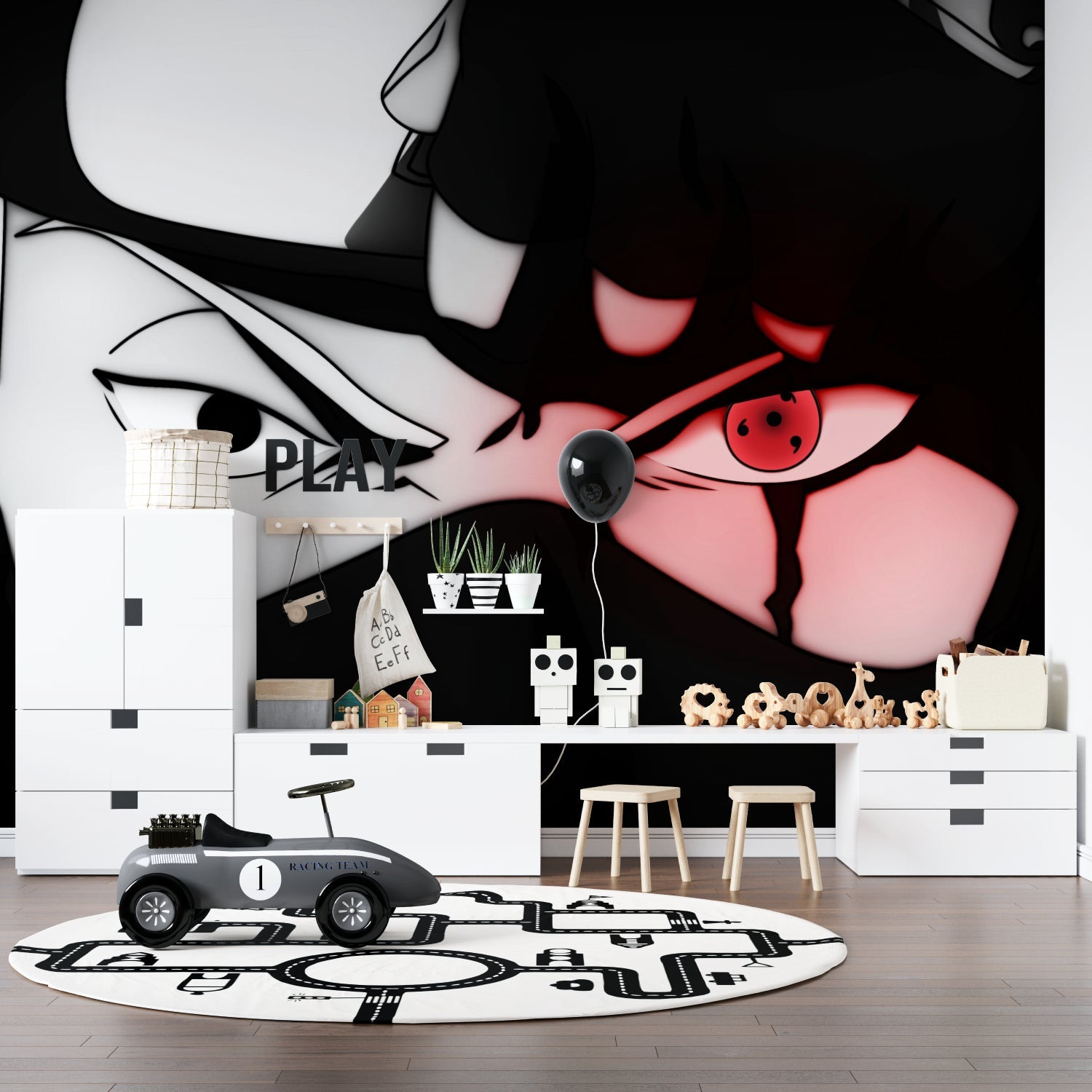 Japanese anime mural creating striking focal point in modern entertainment room