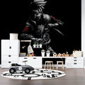 Anime Ninja Warrior wallpaper in modern gaming room showing dramatic black and red design