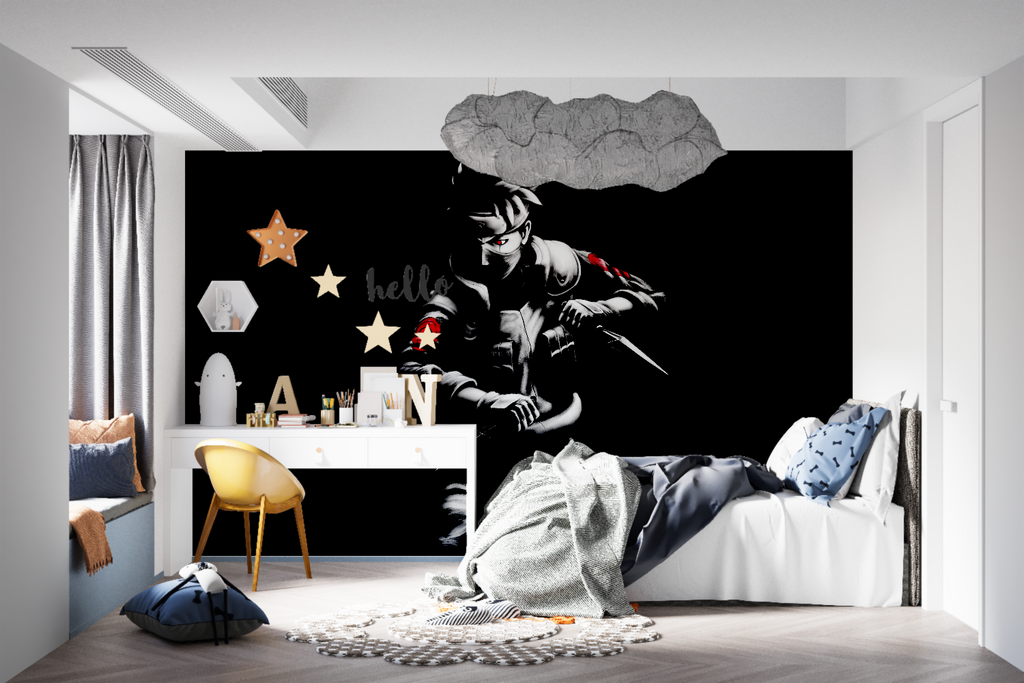 Teen bedroom featuring Japanese Warrior wall mural with striking red accents
