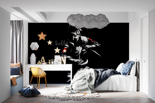 Teen bedroom featuring Japanese Warrior wall mural with striking red accents