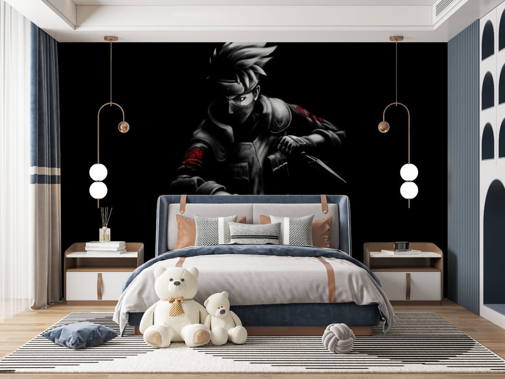 Urban style room showcasing anime warrior wallpaper in dramatic lighting