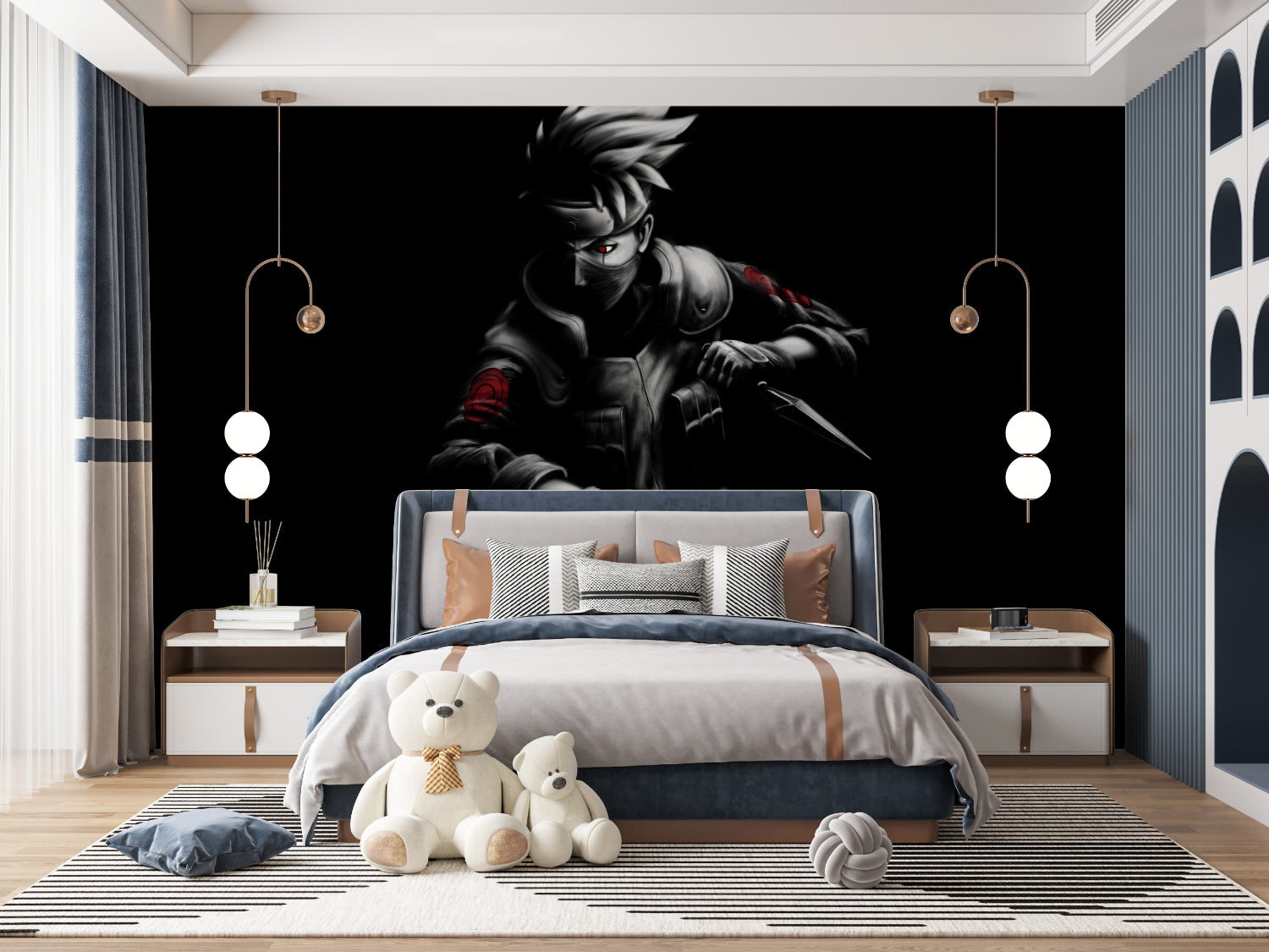 Urban style room showcasing anime warrior wallpaper in dramatic lighting