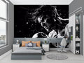 Black and white anime boxing mural in modern teen bedroom showing dynamic motion effects