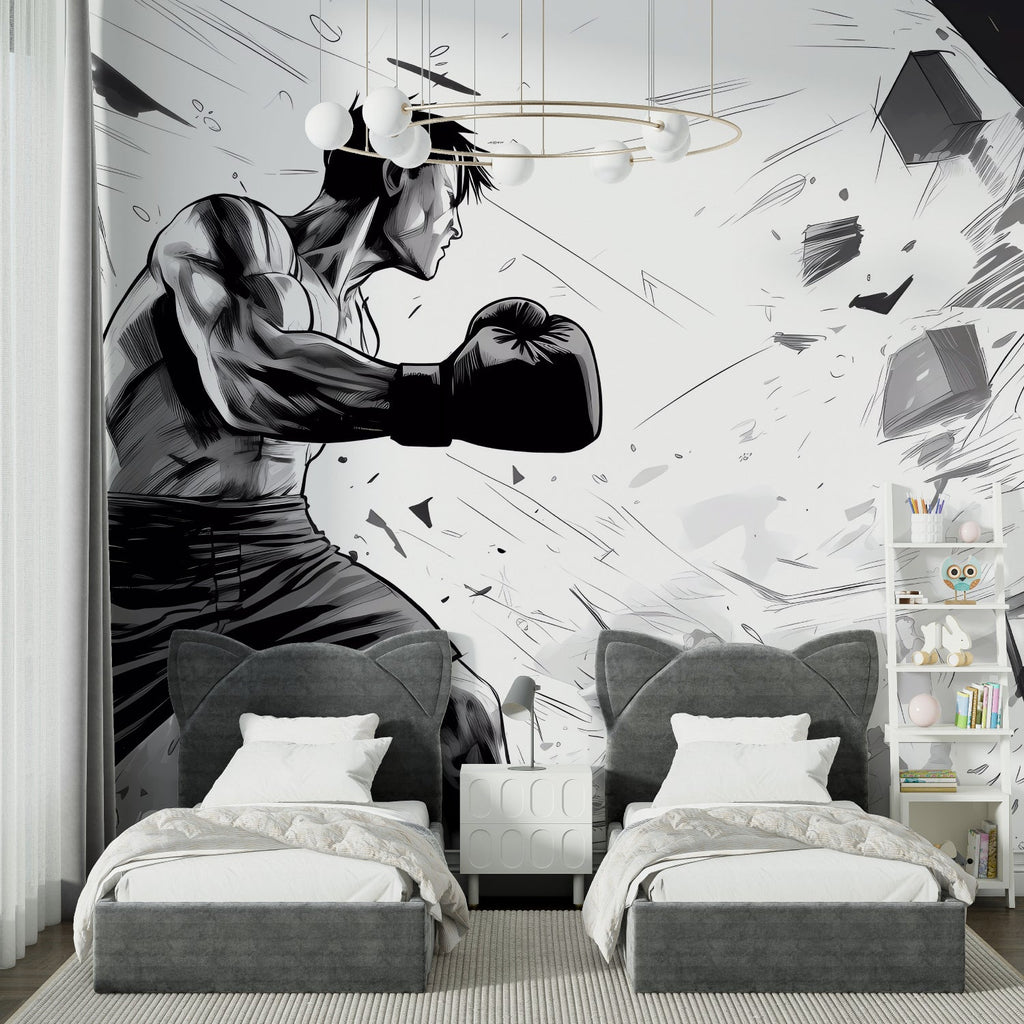 Black and white anime mural in teen bedroom creating motivational atmosphere