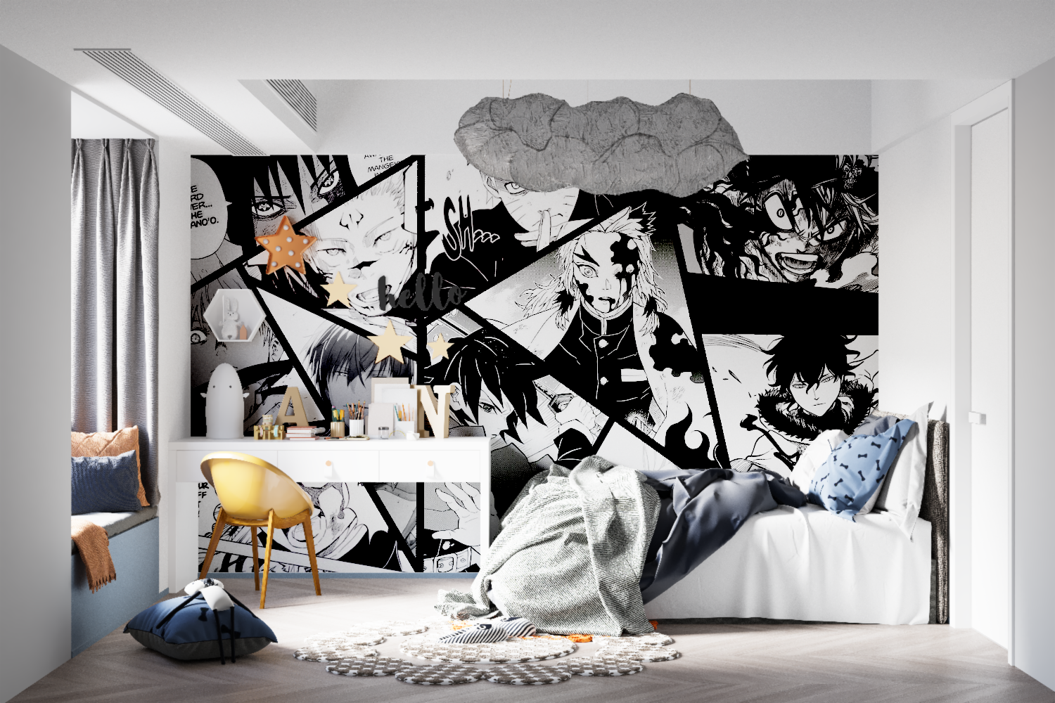 Japanese manga mural adding depth to urban-style entertainment room