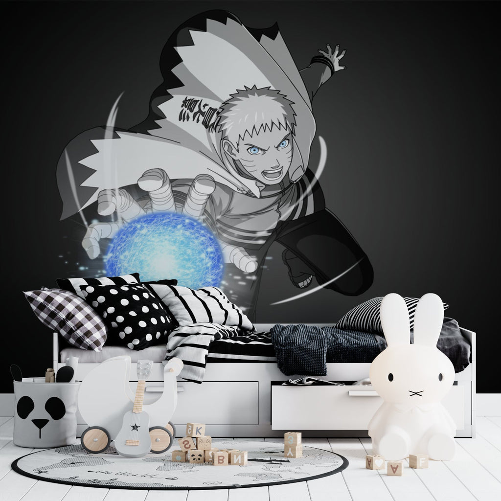 Anime wall mural bringing character to contemporary teen bedroom with monochrome style
