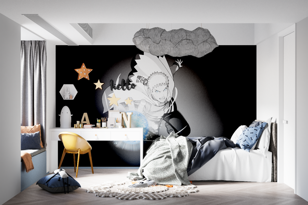 Manga wallpaper design showcased in minimalist living room with dramatic lighting