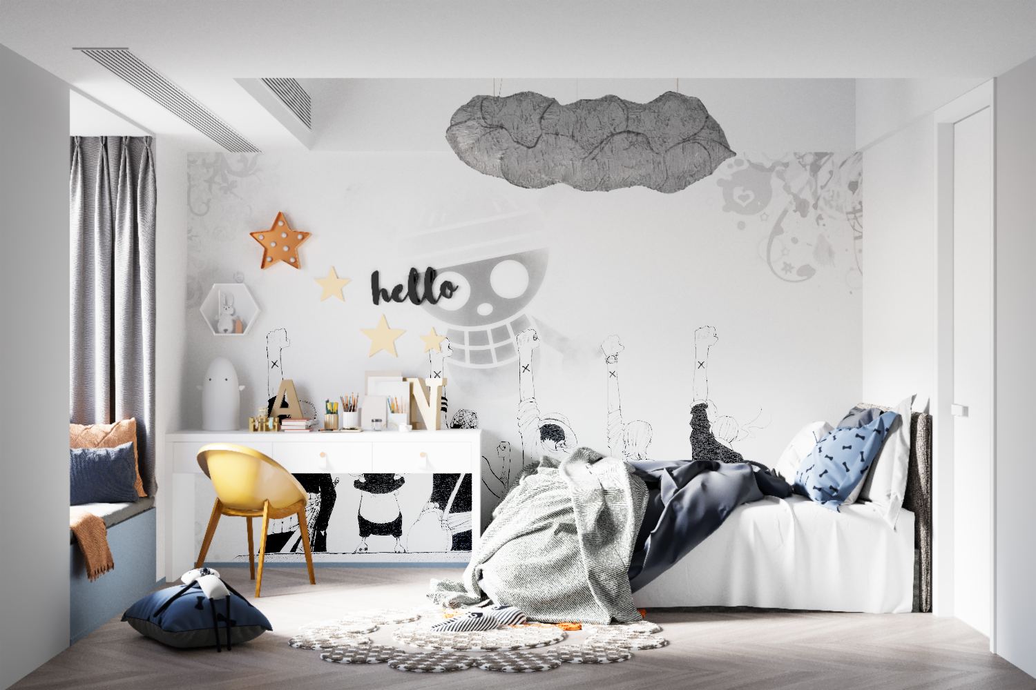 Manga wall mural creating bold statement in gaming room setup