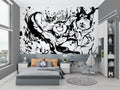 Black and white anime street art mural wallpaper creating dramatic impact in modern living room