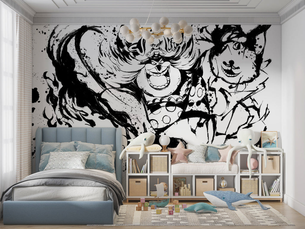 Manga inspired wall mural adding artistic flair to gaming room setup