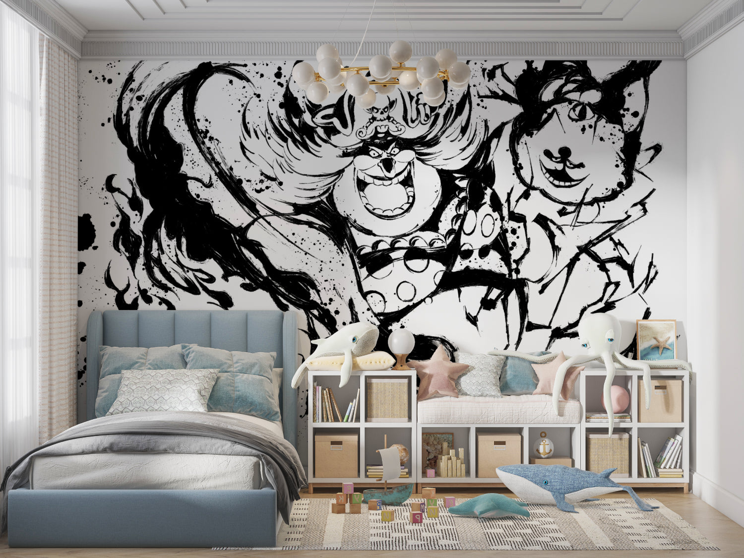 Manga inspired wall mural adding artistic flair to gaming room setup