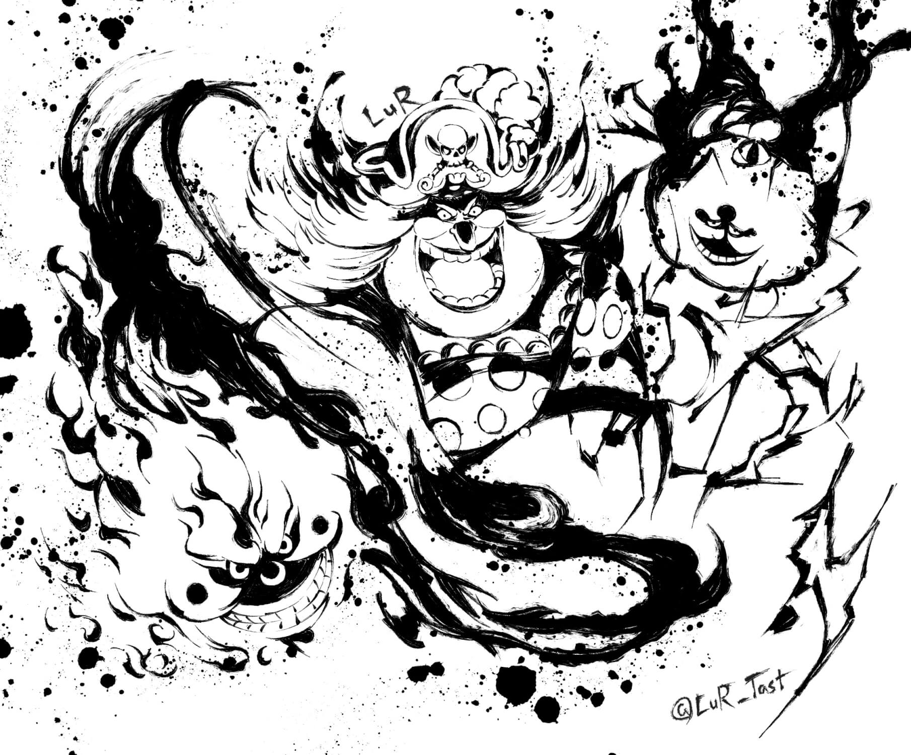 Design file showing detailed black and white anime street art pattern