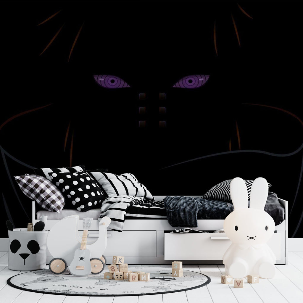 Black anime wall mural featuring purple eyes in a modern teen bedroom setup