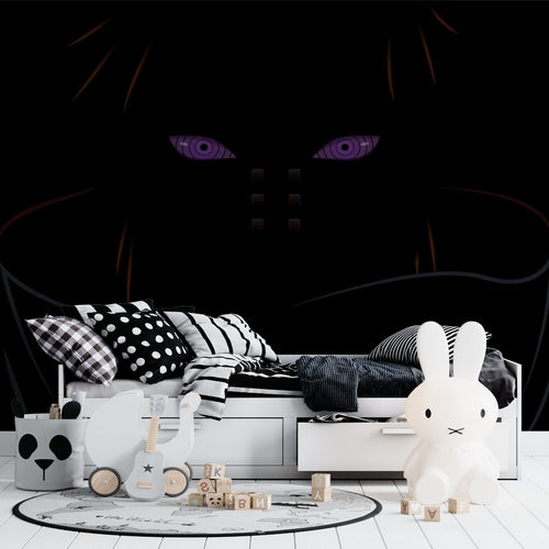 Black anime wall mural featuring purple eyes in a modern teen bedroom setup