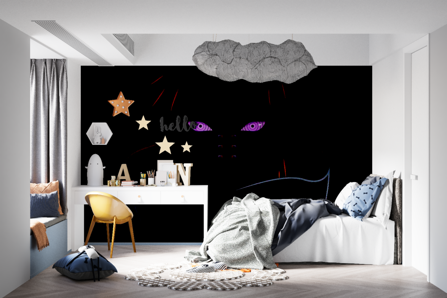 Anime eye design mural bringing character to a minimalist bedroom wall