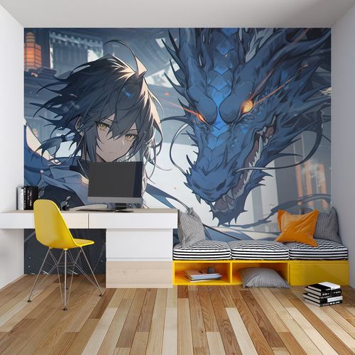 Japanese Anime Dragon Mural transforming a teen bedroom with dramatic effect