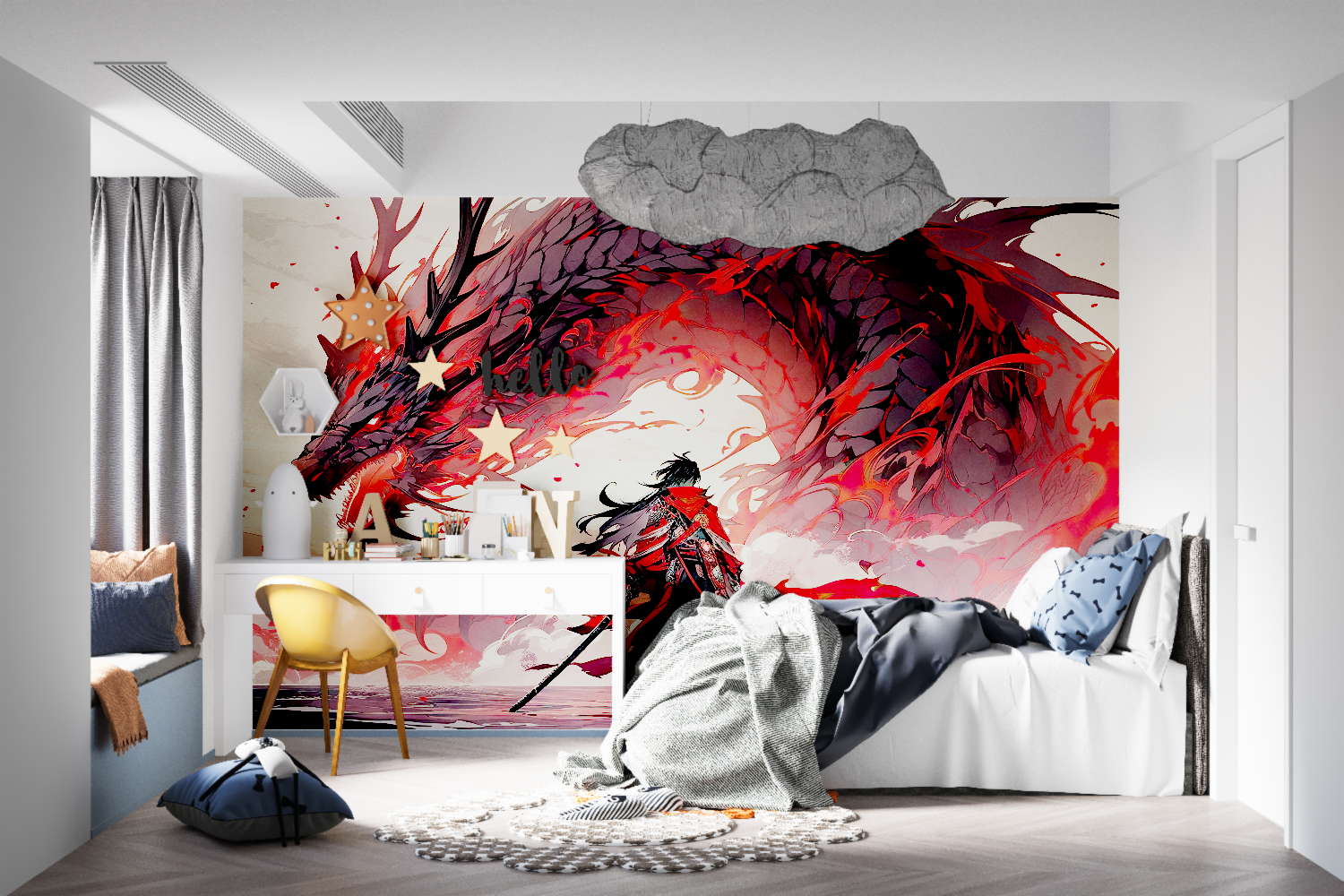 Dragon Anime Wallpaper displayed in entertainment room with gaming setup