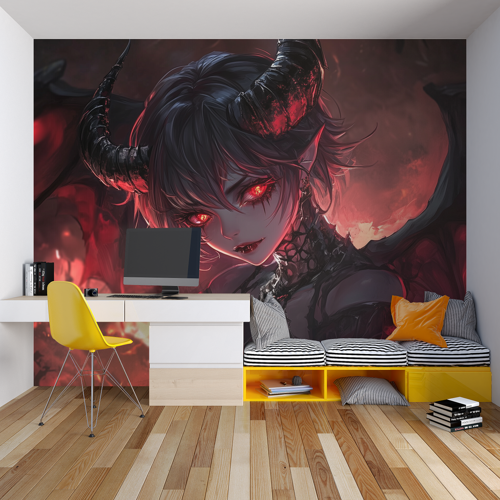 Red and black anime wallpaper installation in urban style bedroom