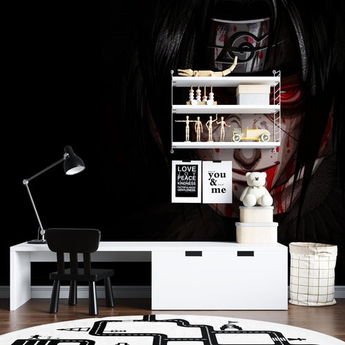 Dramatic Anime Ninja Wallpaper creating atmosphere in modern gaming room with LED lighting