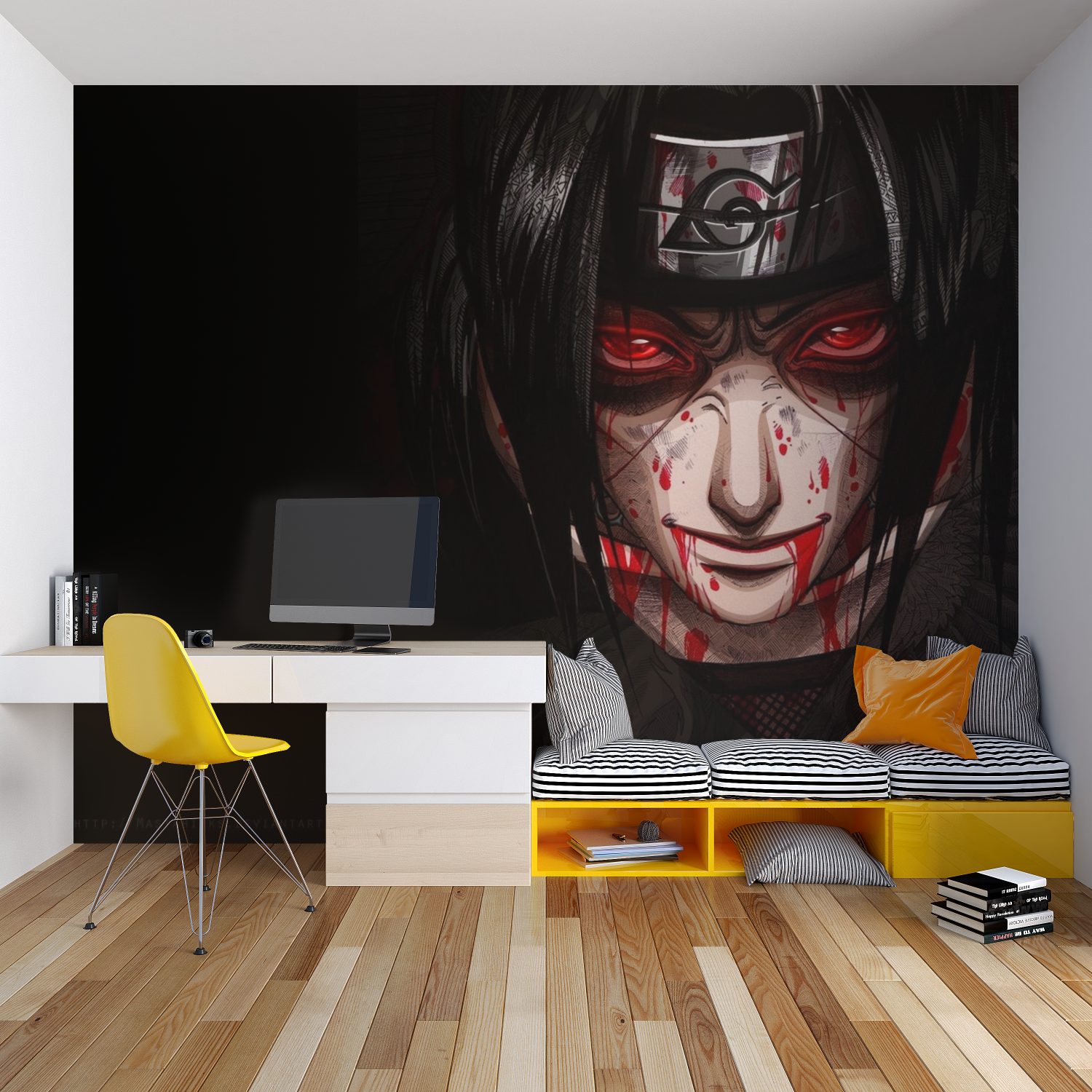 Red Eyes Ninja Mural bringing character to modern streaming setup room