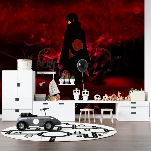 Anime wallpaper mural in modern gaming room showing dramatic red silhouettes creating perfect gaming atmosphere